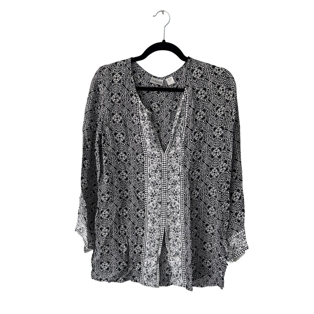 Chico's 100% Silk Black and White Floral Pattern Top Size 0 (US M)